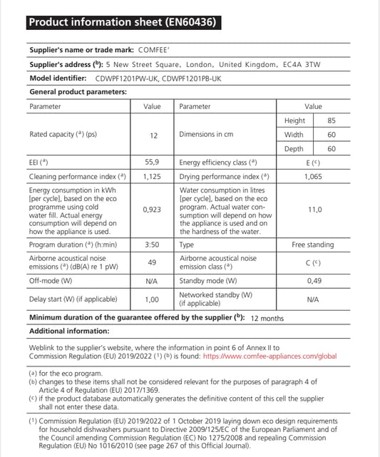 COMFEE' Freestanding Dishwasher CDWPF1201PB-UK 60cm Width, Full Size Dishwasher with 12 place settings